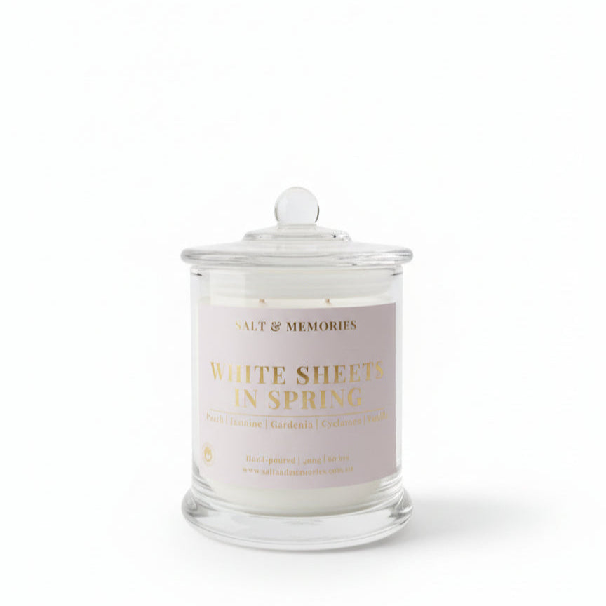 White Sheets In Spring Candle – Gardenia, Jasmine Candle 350g | Luxury Coco Soy, Australia