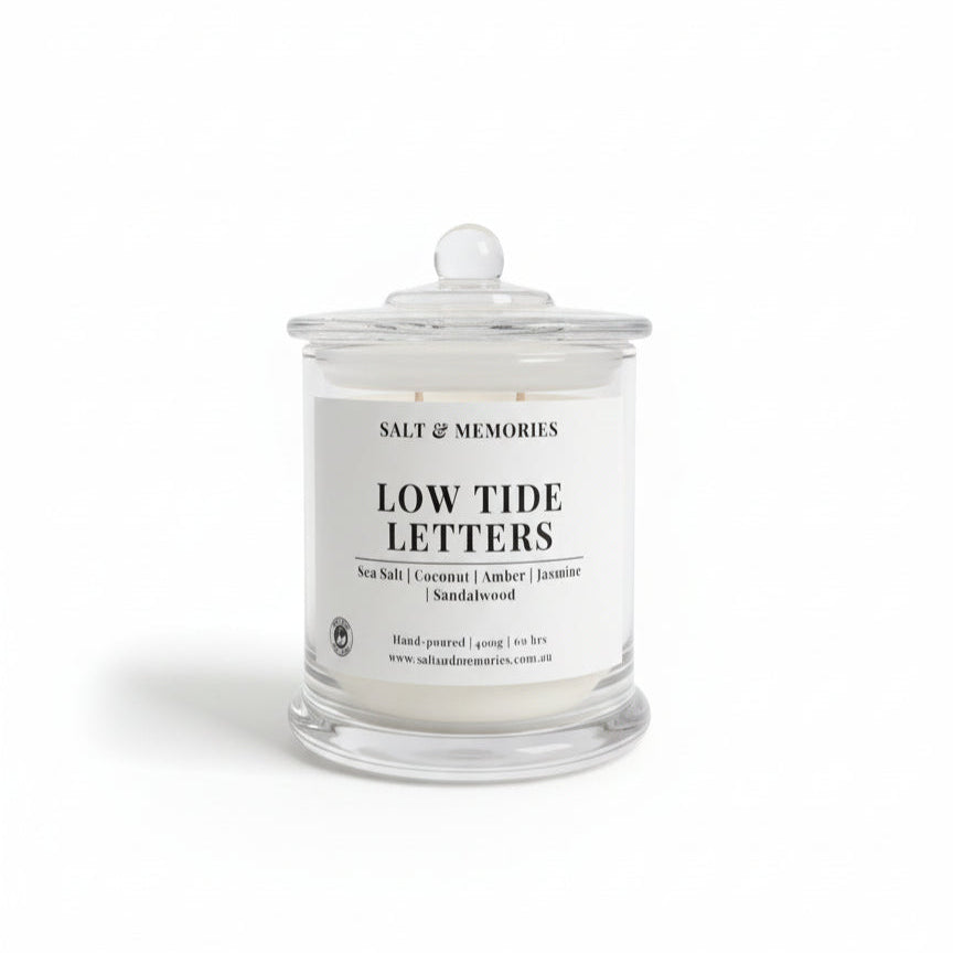 Low Tide Letters Candle – Coastal Sea Salt, Coconut & Sandalwood 350g | Luxury Coco Soy, Australia