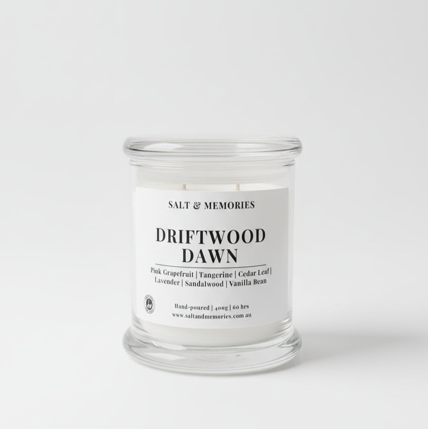 Driftwood Dawn Candle – Tangerine, Vanilla & Sandalwood 350g | Luxury Coco Soy, Australia