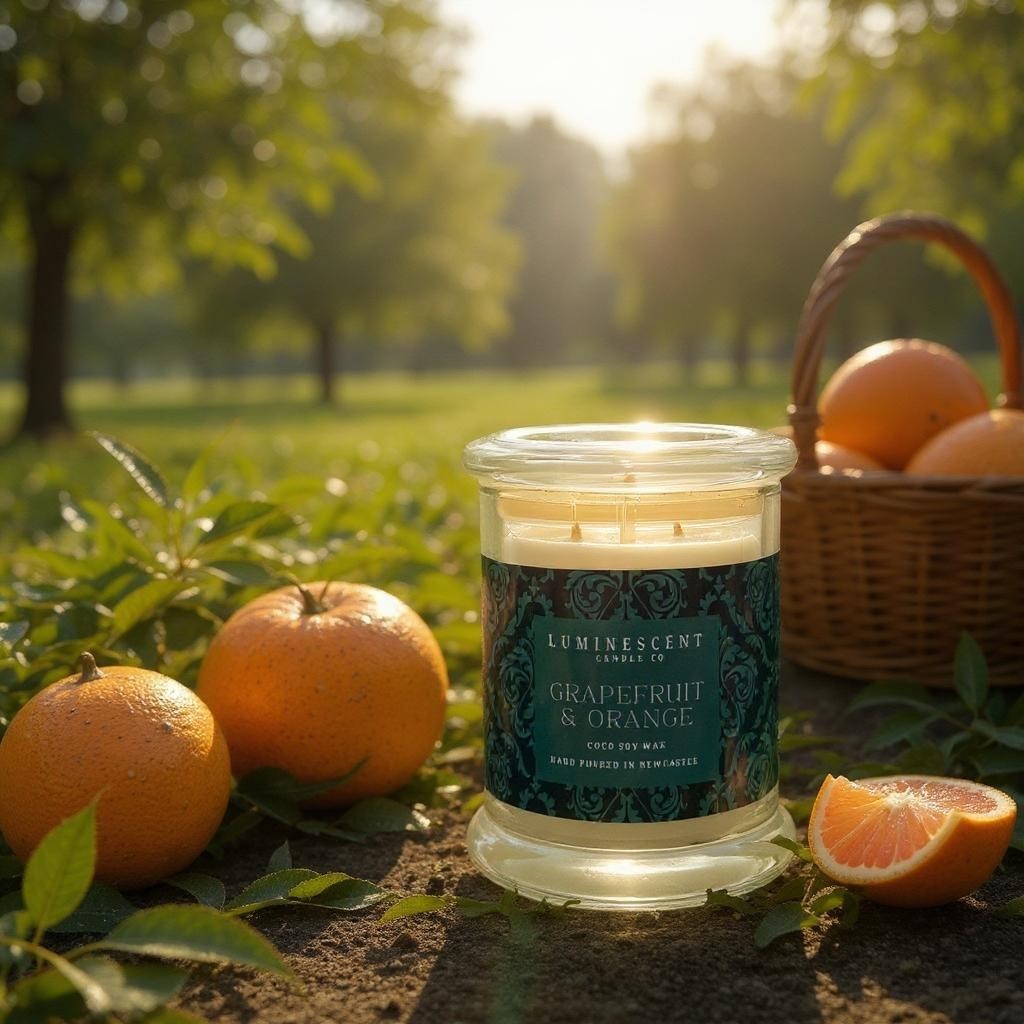 Luminescent Grapefruit & Orange candle with oranges in a field