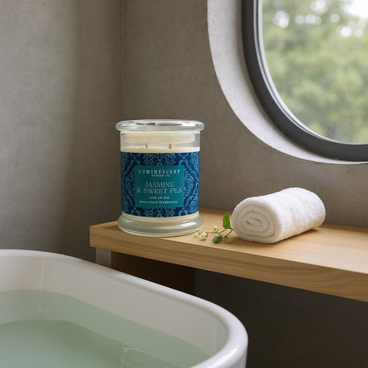 Candle with a blue label on a wooden shelf next to a bathtub