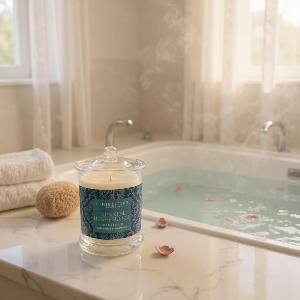 Candle with a blue label in front of a bathtub filled with water and petals.
