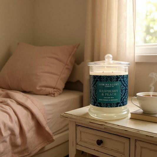 Luminescent raspberry & peach candle on a nightstand next to a bed with pink pillows.