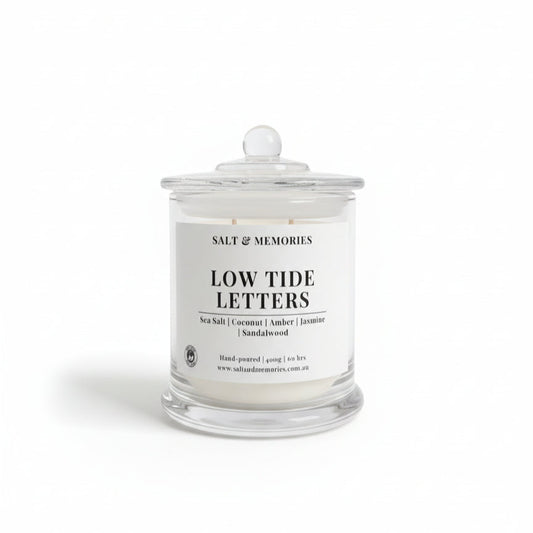Low Tide Letters Candle – Coastal Sea Salt, Coconut & Sandalwood 350g | Luxury Coco Soy, Australia