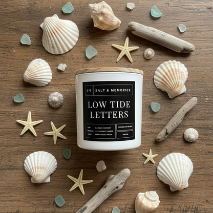 Low Tide Letters Candle – Coastal Sea Salt, Coconut & Sandalwood 400g | Luxury Coco Soy, Australia